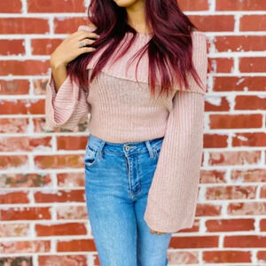 Blush cropped cowl neck sweater boho flare sleeve knit spring casual nwot